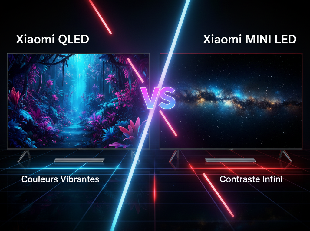 Infographie comparative entre un téléviseur Xiaomi QLED (couleurs vibrantes) et un téléviseur Xiaomi Mini LED (contraste infini) pour aider à choisir la meilleure Smart TV 4K.
